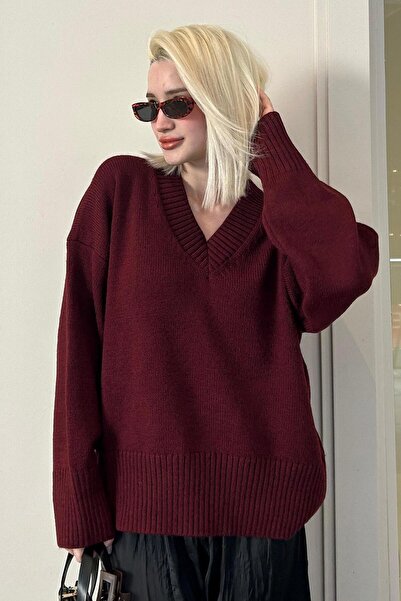 Madmext Pulover de tricotat pentru femei, oversize, cu decolteu în V, roșu claret închis MG2149