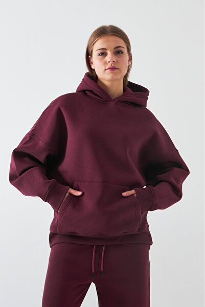 Gia Collection Oversize Unisex Sweatshirt Hoodie Bordo – Kapüşonlu, 3 İplik Şardonlu Polar, Kanguru Cepli, Basic