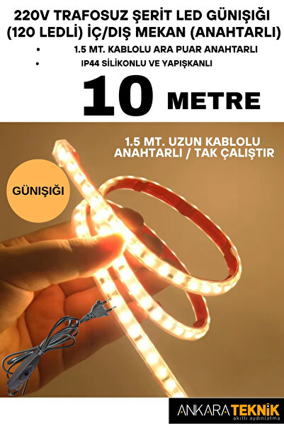 ankarateknik 220V Trafosuz Şerit Led Günışığı Renk (120 Ledli). Anahtarlı Ara...