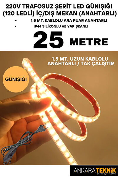 ankarateknik 220V Trafosuz Şerit Led Günışığı Renk (120 Ledli). Anahtarlı Ara...