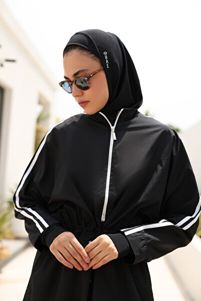BAE SWIMWEAR Hayaa+ Black with White Stripes Knee Length Full Coverage Muslim Burkini Swimwear