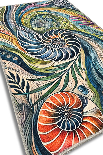 The Reef Design Deniz Kabuğu Desenli Deniz Temalı Dijital Baskılı Oturma Odası Halısı Yazlık Halısı Genç Halısı