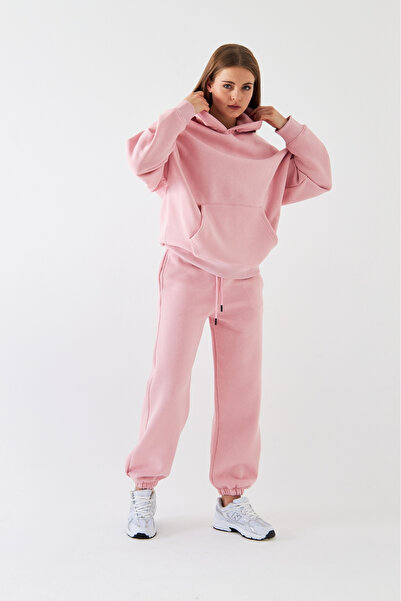 The Champ Clothing Σετ αθλητικών φόρμας Unisex Oversize Ροζ – Basic, 3-κλωνο ριγέ φλις; Φούτερ με κουκούλα, ελαστικό κάτω μέρος