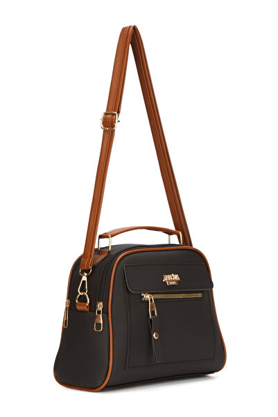 Adelina Bags Women's Three-Compartment Crossbody Strap Tan Corduroy Black Hand and Shoulder Bag