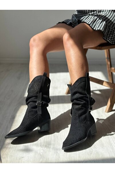 SHOEBOURNE Siyah Süet Delikli Western Tarzı Yazlık Çizme