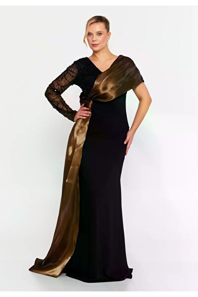 MAXXE 6105CPY TEK KOLU UZUN PAYETLİ KREP ELBİSE