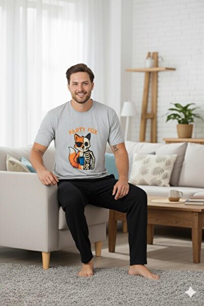 PİJAMORE Fox Fox Men's Groom Pajama Set, Short Sleeve, Pocket, Seasonal 100% Cotton, Dowry, Groom Bundle