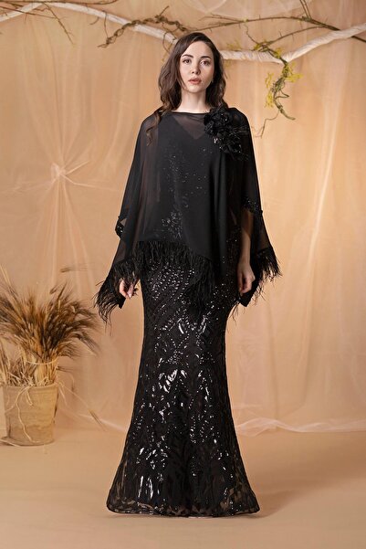 MAXXE 5938PSF ÜSTÜ ŞİFON TÜYLÜ PELERİNLİ PAYET ELBİSE