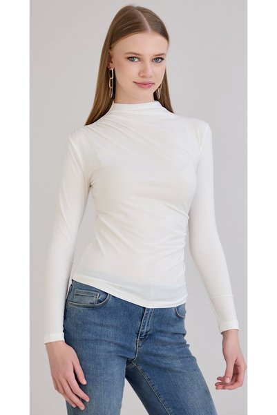 Sortie Turtleneck Sleeve and Skirt Embroidered Draped Blouse Ecru