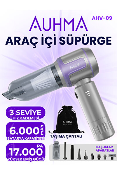 auhma AHV-09 Kablosuz Taşınabilir Araç İçi El Süpürgesi | 17000PA Güçlü Vakum | 4’ü 1 Arada Çok Amaç