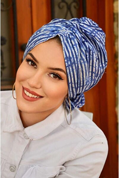 Aişe tesettür Denim Blue Striped Buckle Bonnet