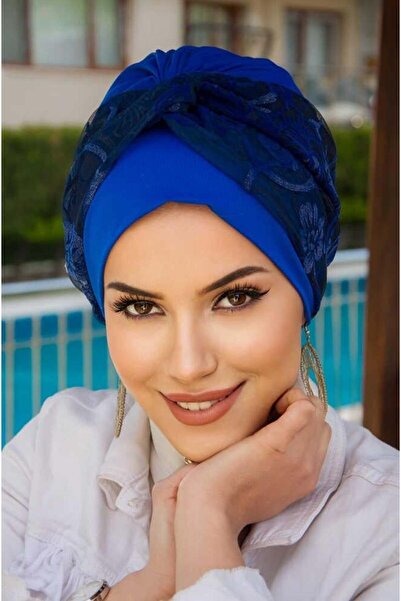 Aişe tesettür Saks Blue Flower Pattern Twist Banded Bonnet