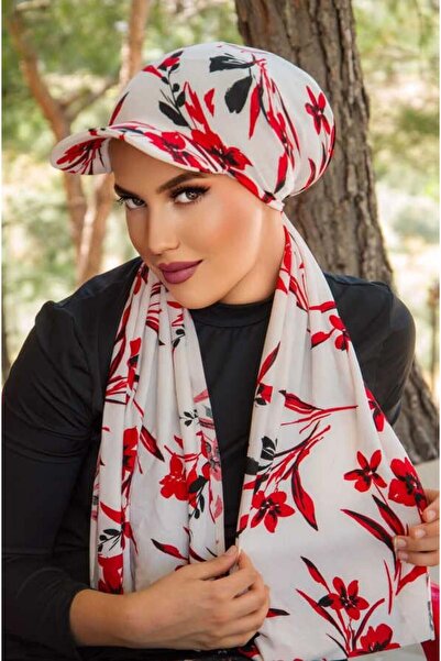 Aişe tesettür Red and White Pattern Cap Bonnet Shawl