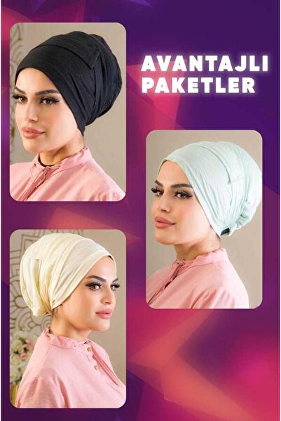 Aişe tesettür 3'lü Iç Bone Set-siyah-krem-su Yeşili