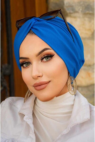 Aişe tesettür Saks Mavi Hazır Burgu Düğüm Bone