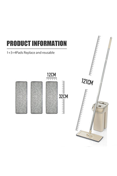 SDARISB Beige with 4 pads Hand Free Flat Floor Mop And Bucket Set For Professional Home Floor Cleaning Syste
