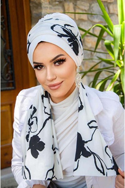 Aişe tesettür Beyaz Siyah Yaprak Desen Fularlı Bone