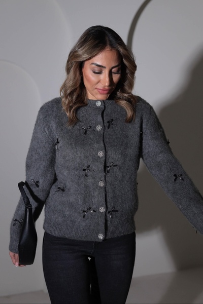 Safgiyim44 Stone Buttoned Bow Detail Soft Cardigan - Anthracite