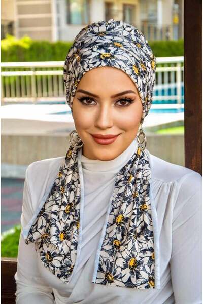 Aişe tesettür Ecru Daisy Patterned Scarf Bonnet
