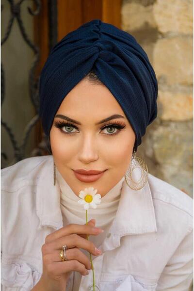 Aişe tesettür Καπέλο με κόμπο με στριφτό σχέδιο σε σκούρο μπλε ναυτικό χρώμα