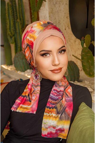 Aişe tesettür Beige Geometric Pattern Scarf Bonnet