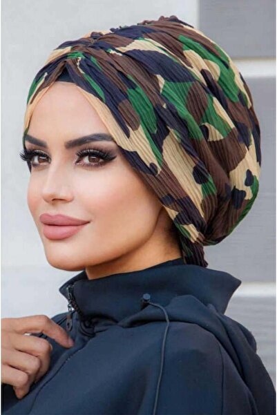 Aişe tesettür Outlet Khaki Camouflage Pattern Pleated Buckle Bonnet