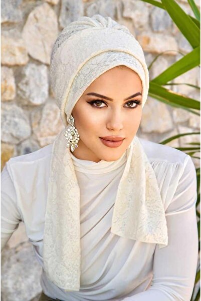 Aişe tesettür Ecru Lined Lace Scarf Bonnet