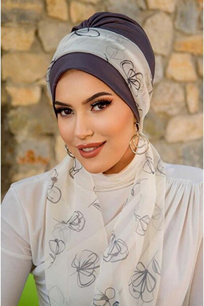 Aişe tesettür Anthracite White Floral Pattern Scarf Bonnet