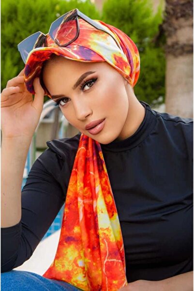 Aişe tesettür Σάλι καπό με τζάμι με πορτοκαλί σχέδιο