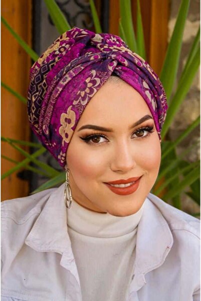 Aişe tesettür Μοβ Μπεζ Καπέλο με Σχέδιο Σπιράλ