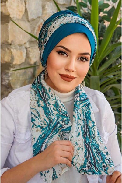Aişe tesettür Μπερέ με μπλε λευκό σχέδιο με μαντήλι