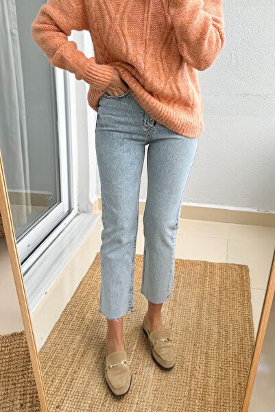 Suziş Pantaloni albaștri pentru femei, cu tăietură la gleznă, spălat cu zăpadă