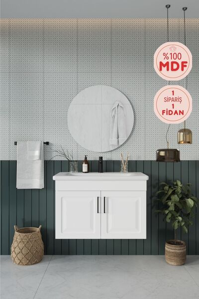 BALNEOM Reyhan 80 cm %100 Mdf Lavabolu Banyo Dolabı + Ayna