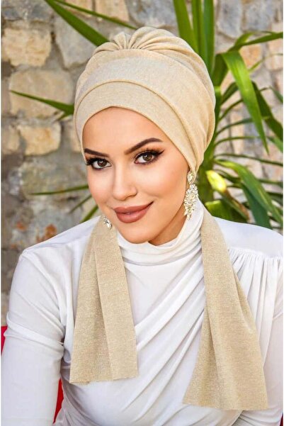 Aişe tesettür Beige Bonnet - Ready Shimmer and Scarf