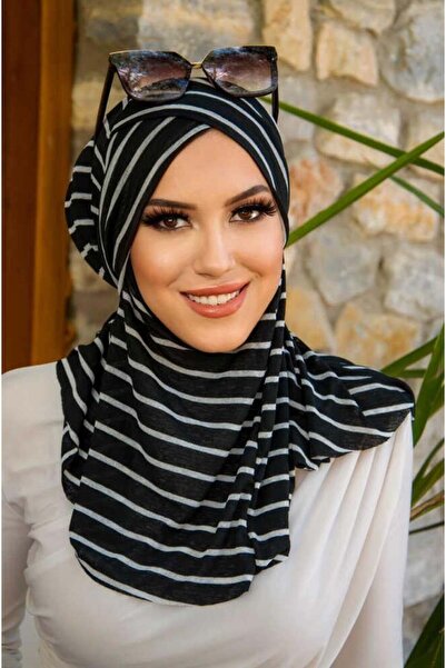 Aişe tesettür Siyah Çizgi Desenli Çapraz Bantı Medium Size - Hazır Şal