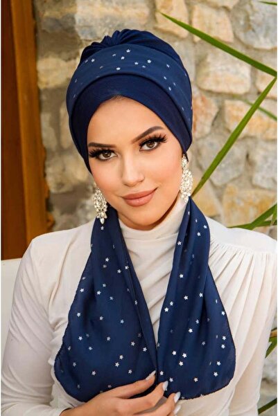 Aişe tesettür Lacivert Yıldız Fularlı Bone-40602