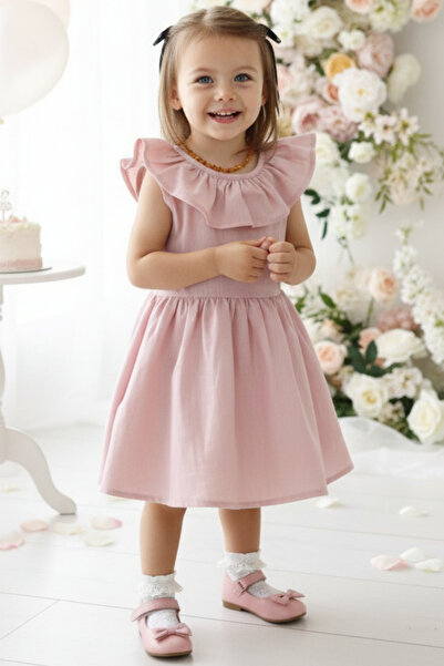 Parla Kids Kız Çocuk Pudra Cherry Fiyonklu Fırfırlı Elbise Toka Takım