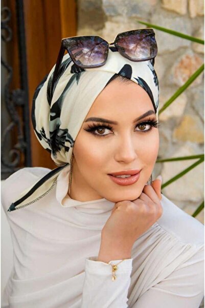 Aişe tesettür Füme Yaprak Desen Çapraz Bantlı Bone