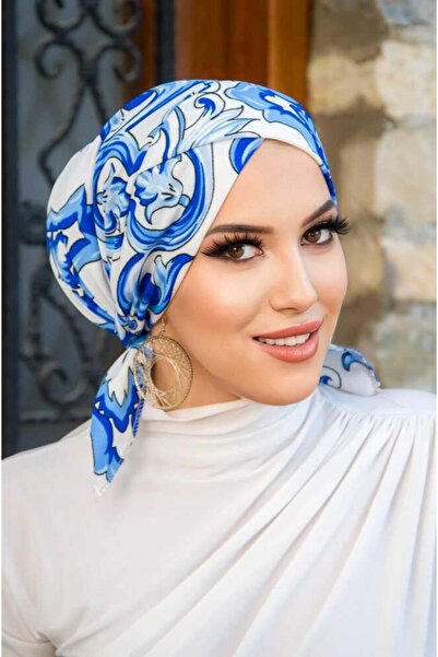 Aişe tesettür Saks Beyaz Retro Desen Çapraz Bone