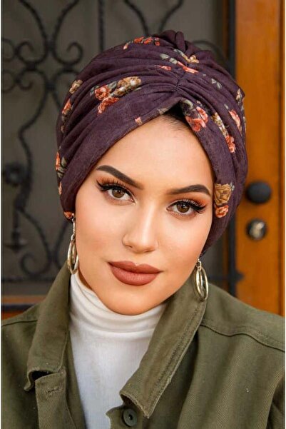 Aişe tesettür Καφέ καπέλο με μοτίβο λουλουδιών με αγκράφα