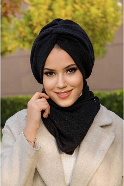 Aişe tesettür Siyah Triko Kışlık Burgu Bone Ve Etol Takım