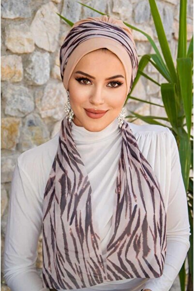 Aişe tesettür Beige Zebra Pattern Scarf Bonnet