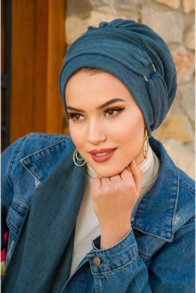 Aişe tesettür Petrol Mavi Toka Detaylı Atkılı Bone