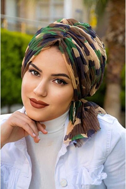 Aişe tesettür Outlet- Beige Khaki Camouflage Pleated Buckle Bonnet