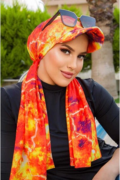 Aişe tesettür Σάλι καπό με τζάμι με πορτοκαλί σχέδιο