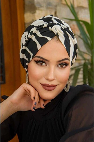 Aişe tesettür Καπέλο με σχέδιο ζέβρας με έτοιμο κόμπο με σπιράλ