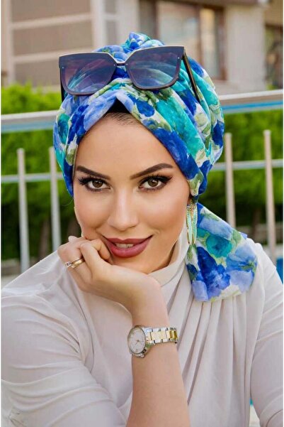 Aişe tesettür Lacivert Turkuaz Tonlu Çiçekli Tokalı Bone