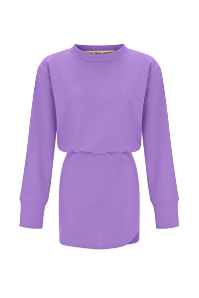La Sarta Luna Women's Lilac Color Elastic Waist Skirt Oval Mini Slit Detailed Long Sleeve Sweat Dress