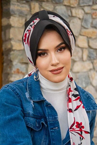 Aişe tesettür Siyah Kırmızı Yaprak Desen Fularlı Şapka Bone