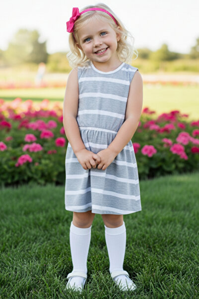 Parla Kids 0011 - Сіро-біла смугаста сукня з фуксієвою банданою